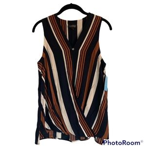 Topshop sz 2 Draped Sleeveless Striped Blouse v-neck horseshoe rhinestone